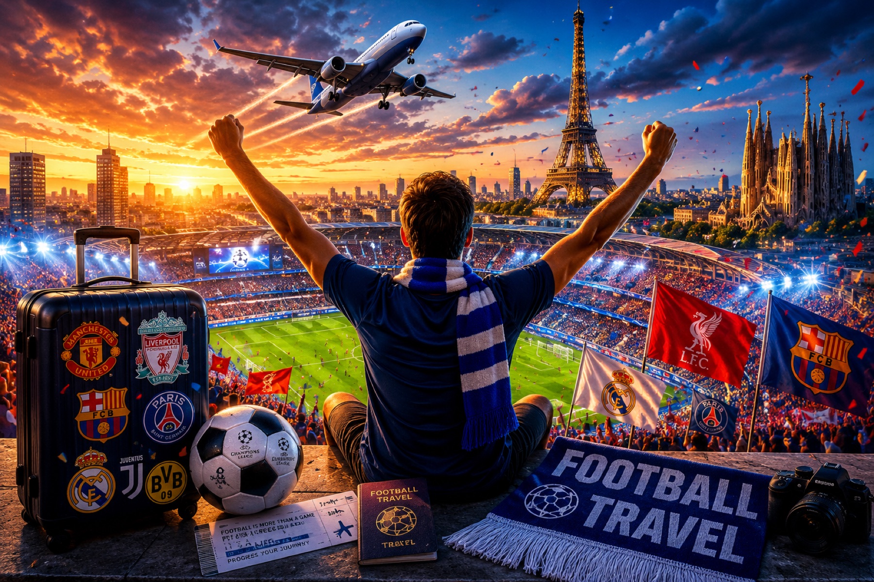 Fotballreise med fly, stadion, storby og supporterstemning